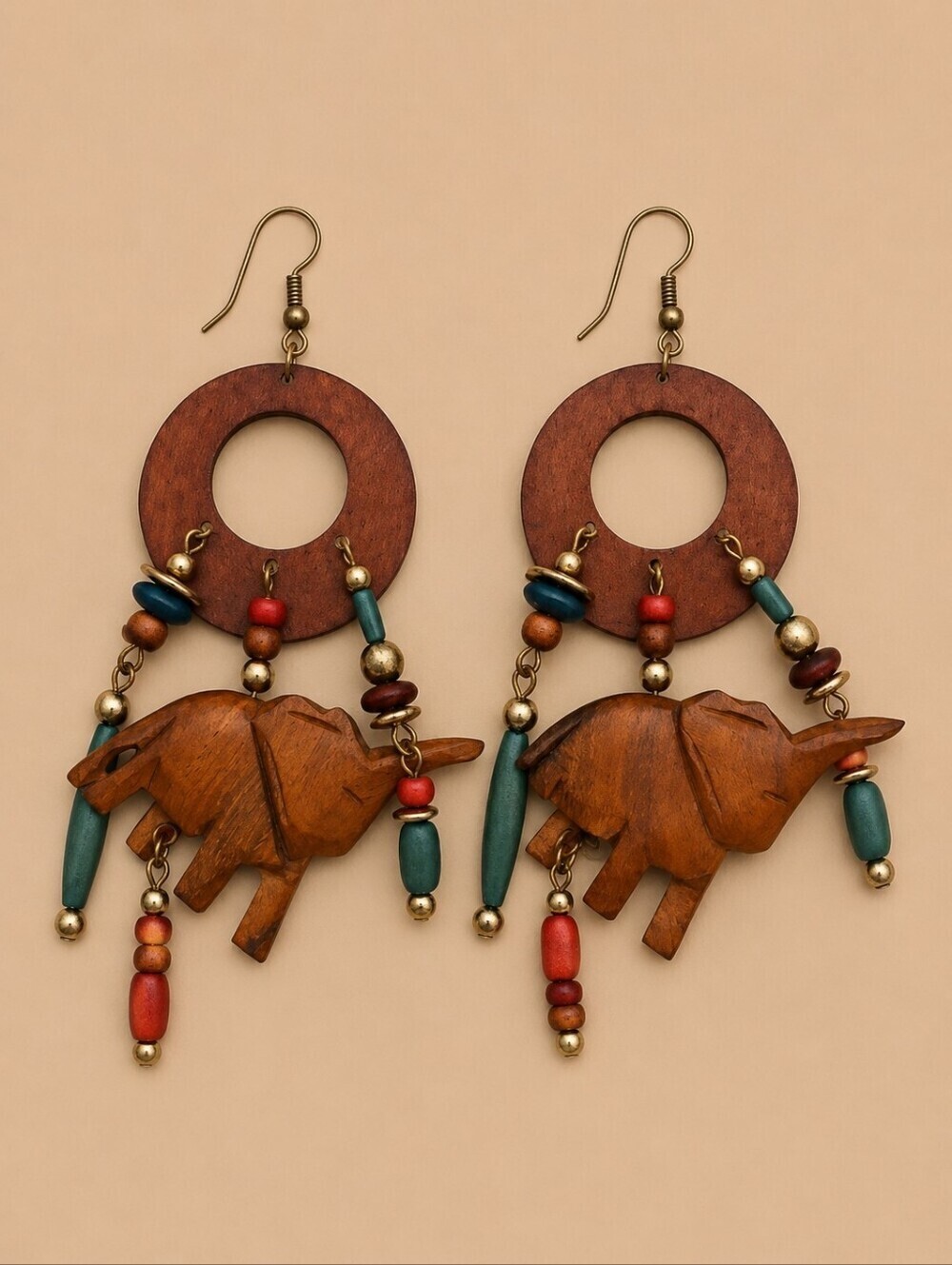 Vintage 1980s Wood Carved Elephant Tribal Beaded Festival Dangle Earrings